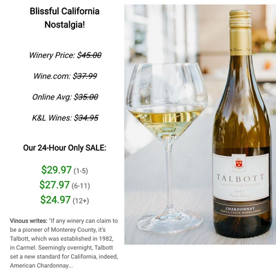 45% OFF Talbott Sleepy Hollow Chard & Pinot! 24 Hrs Only