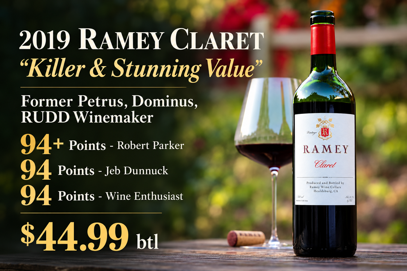 2019 Ramey Claret, killer and stunning value: 94+ points Robert Parker, 94 Jeb Dunnuck, 94 Wine Enthusiast