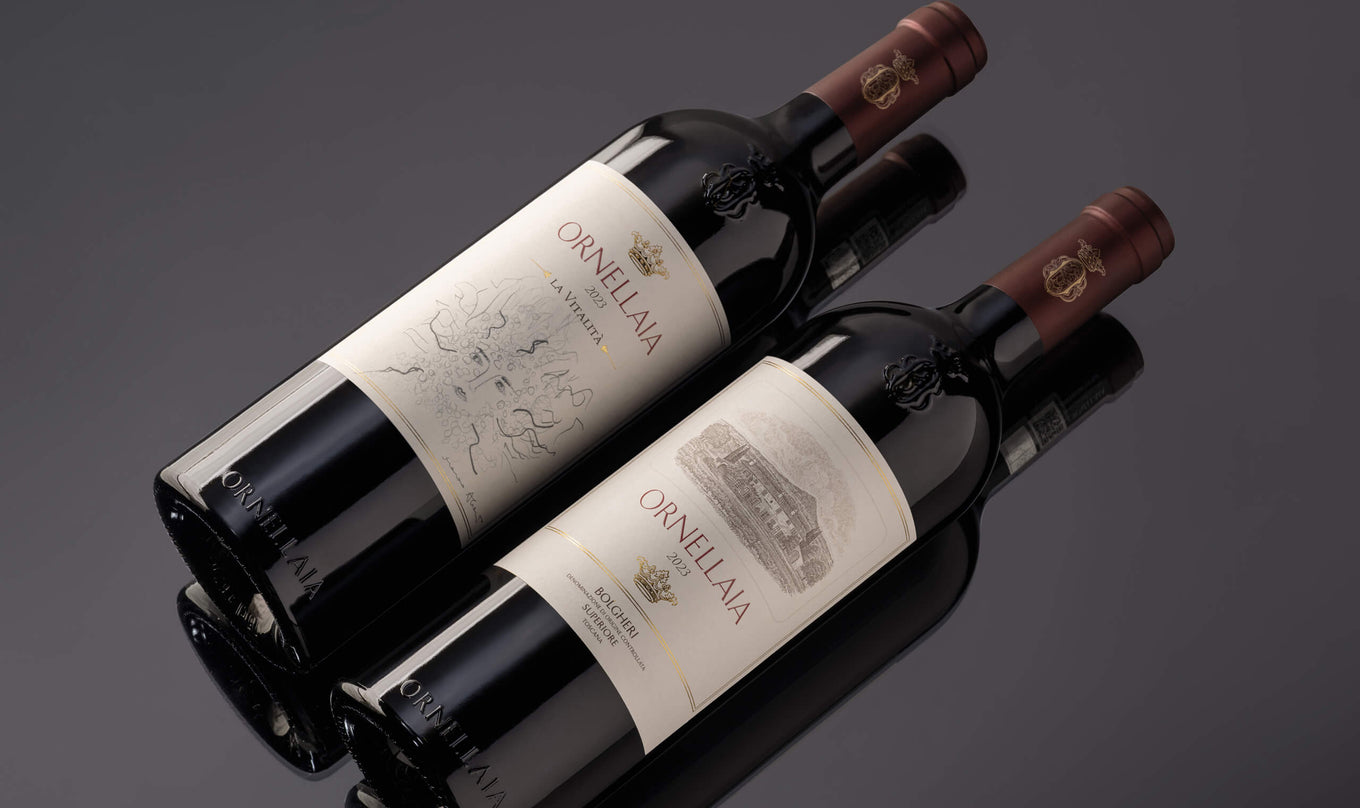 Ornellaia 2023 with the La Vitalita artist label by Marina Abramovic, one in every wooden case of six