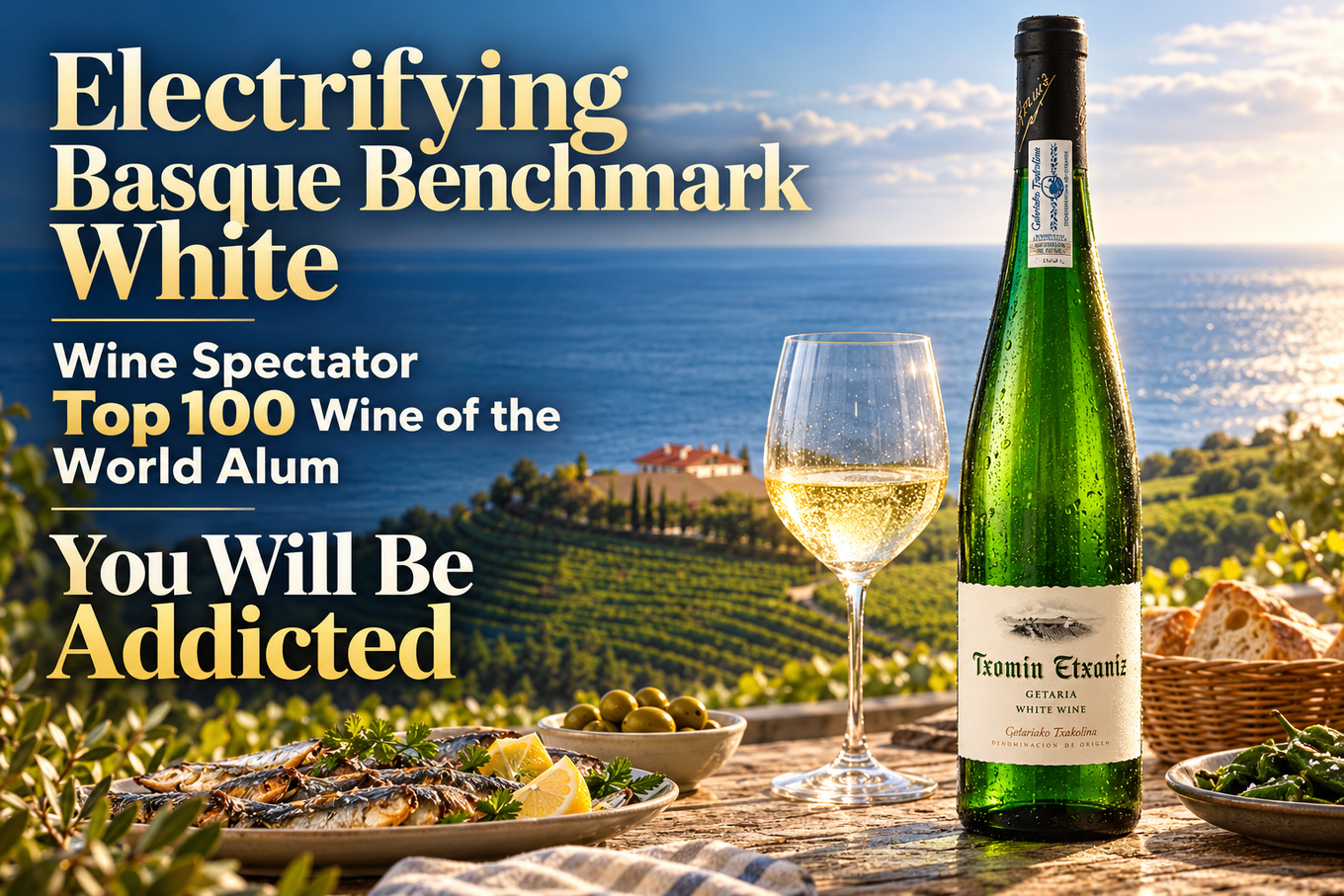 Electrifying Basque benchmark white, Txomin Etxaniz Txakoli: Wine Spectator Top 100 wine of the world alum. You will be addicted.