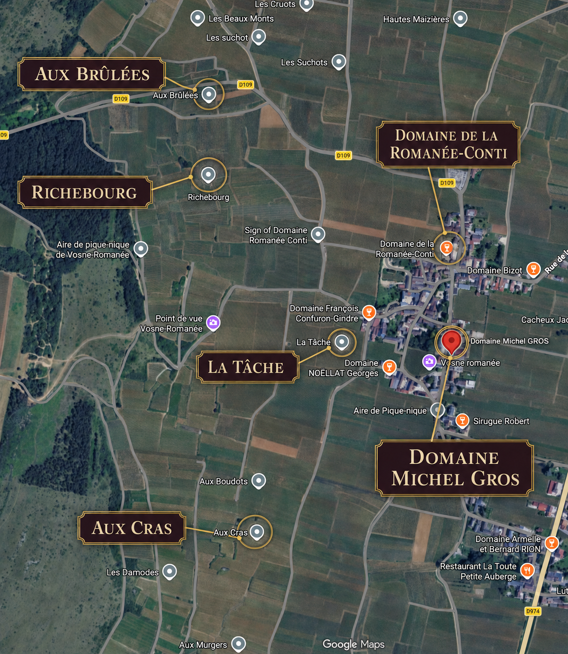 Map of Vosne-Romanee showing Domaine Michel Gros beside Aux Brulees, Richebourg, La Tache and Domaine de la Romanee-Conti