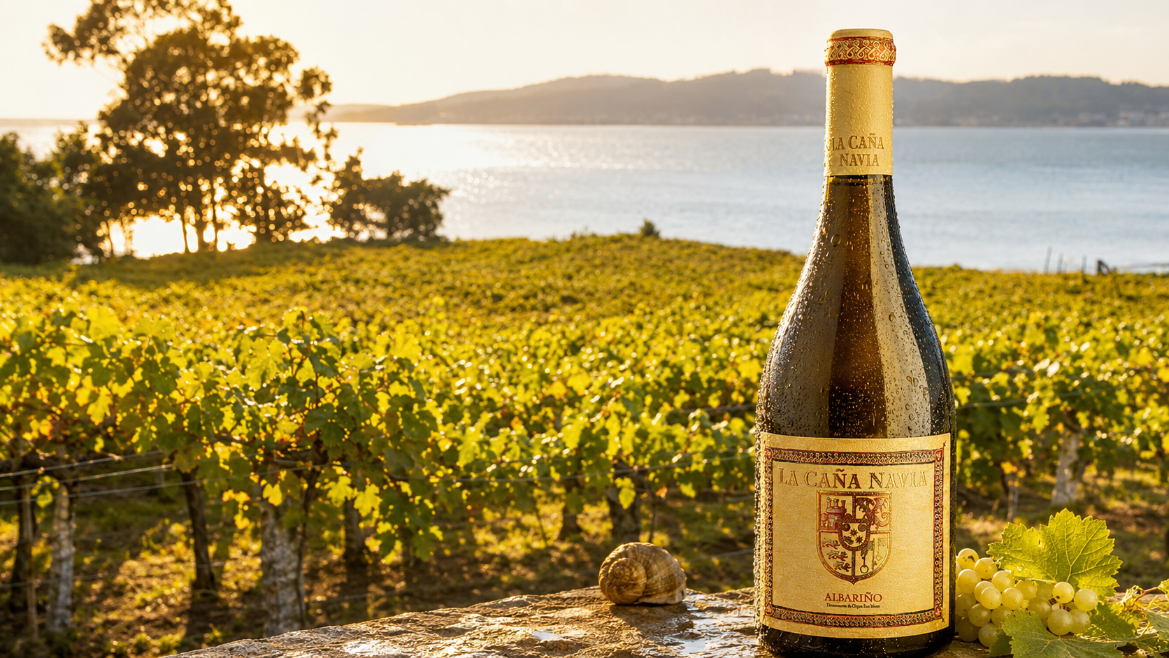 La Cana Navia Albarino bottle in a coastal Rias Baixas vineyard above the Atlantic at sunset