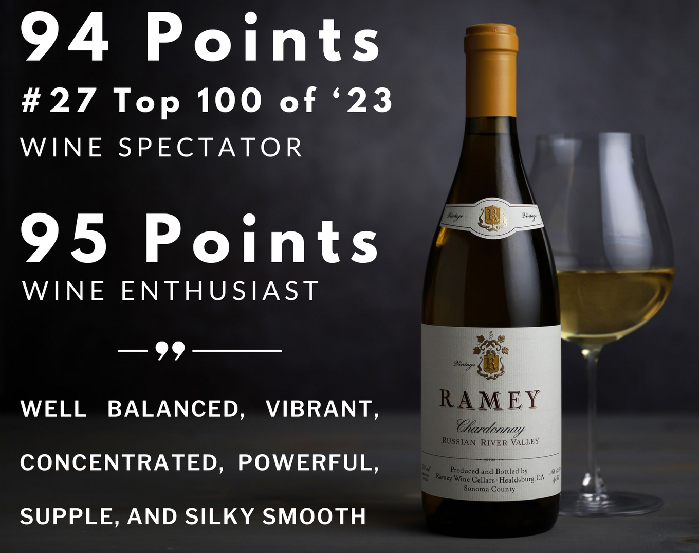Ramey Chardonnay Russian River Valley 2021: 94 points and number 27 Top 100 of 2023 Wine Spectator, 95 points Wine Enthusiast