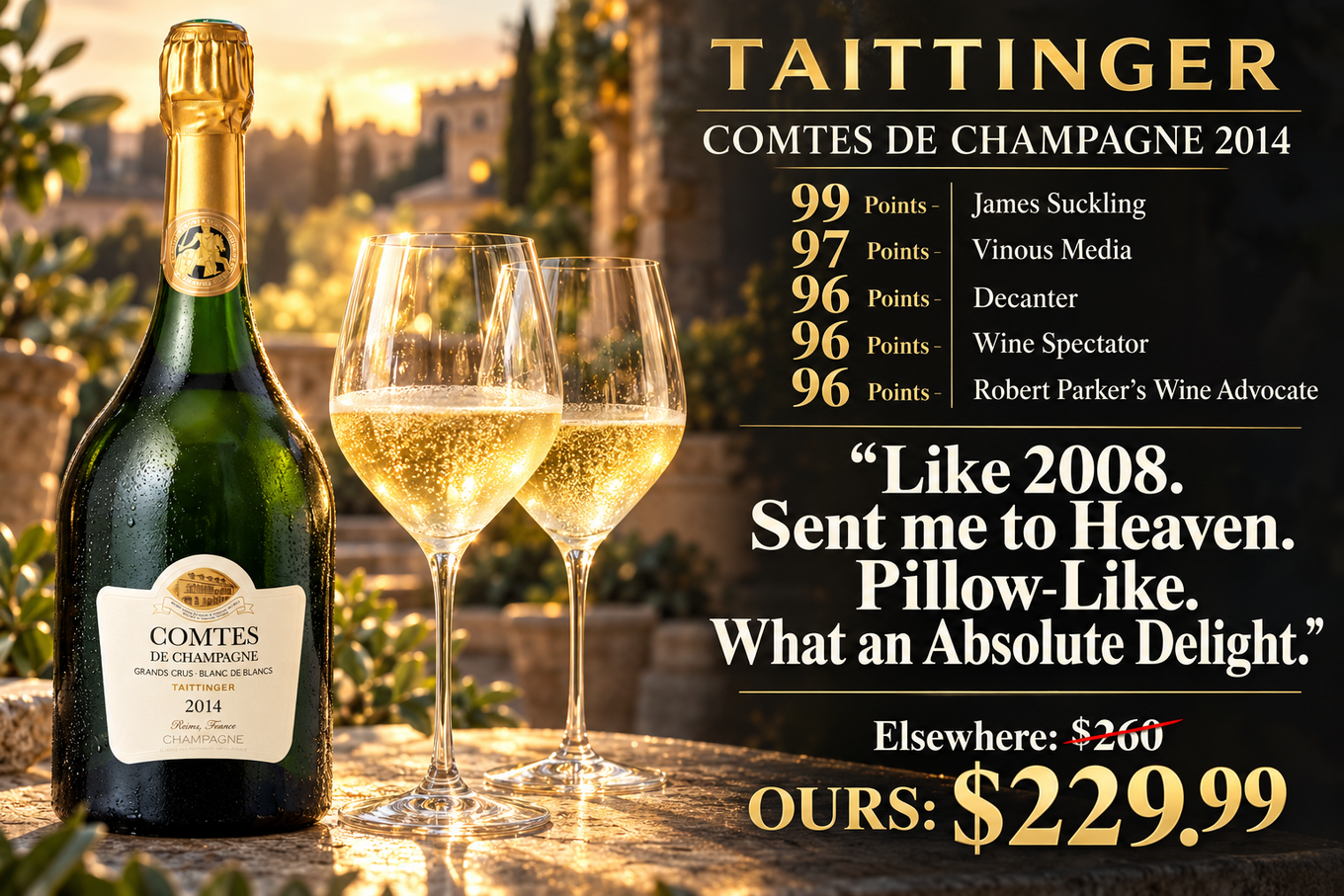 Taittinger Comtes de Champagne 2014: James Suckling 99, Vinous 97, Decanter, Wine Spectator and Wine Advocate 96. Elsewhere $260, ours $229.99