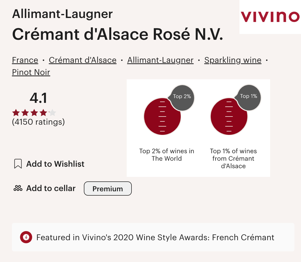 Vivino: Allimant-Laugner Cremant d’Alsace Rose, 4.1 stars from 4,150 ratings, top 2% of wines in the world