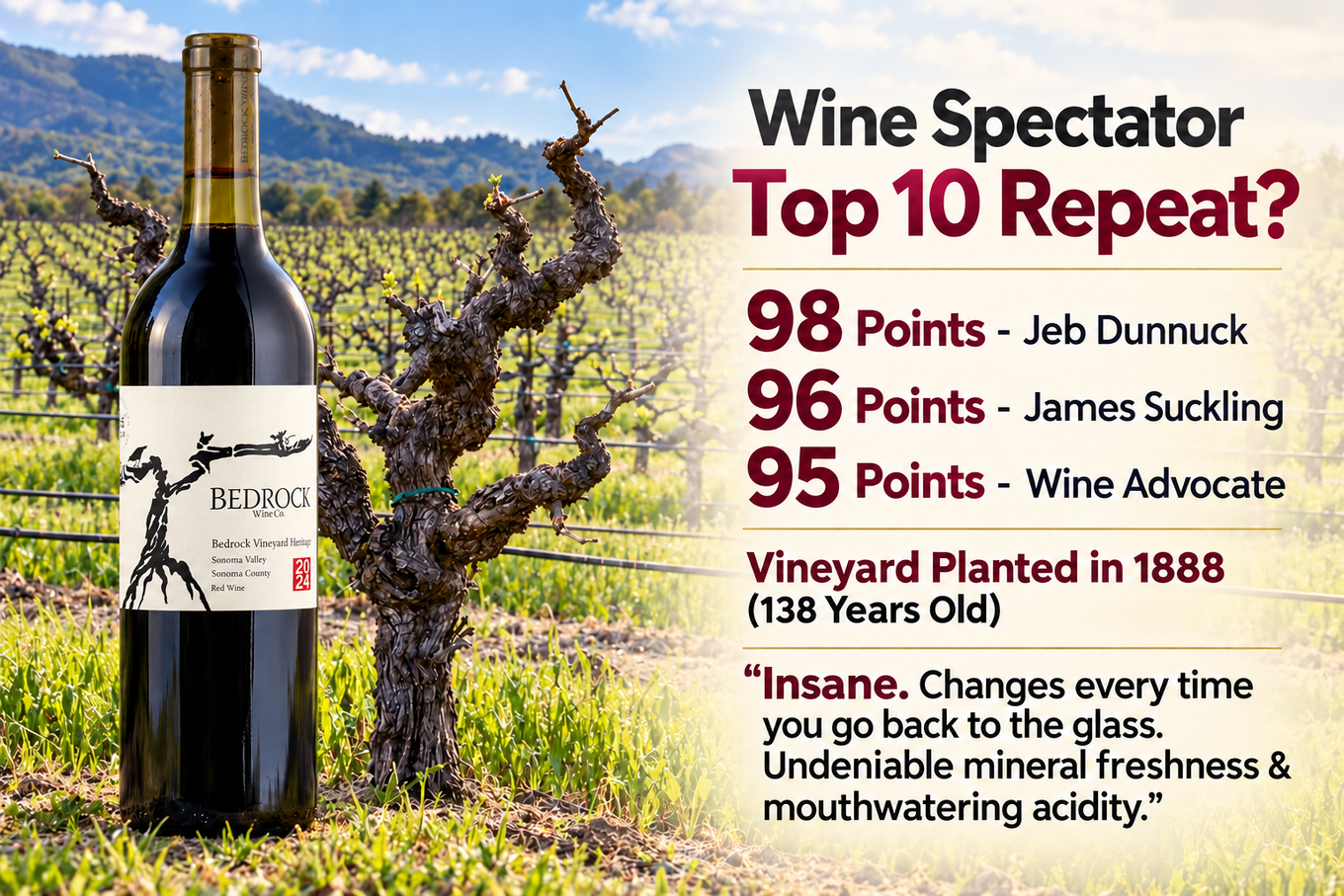 Bedrock Vineyard Heritage 2024: 98 points Jeb Dunnuck, 96 James Suckling, 95 Wine Advocate. Vineyard planted in 1888