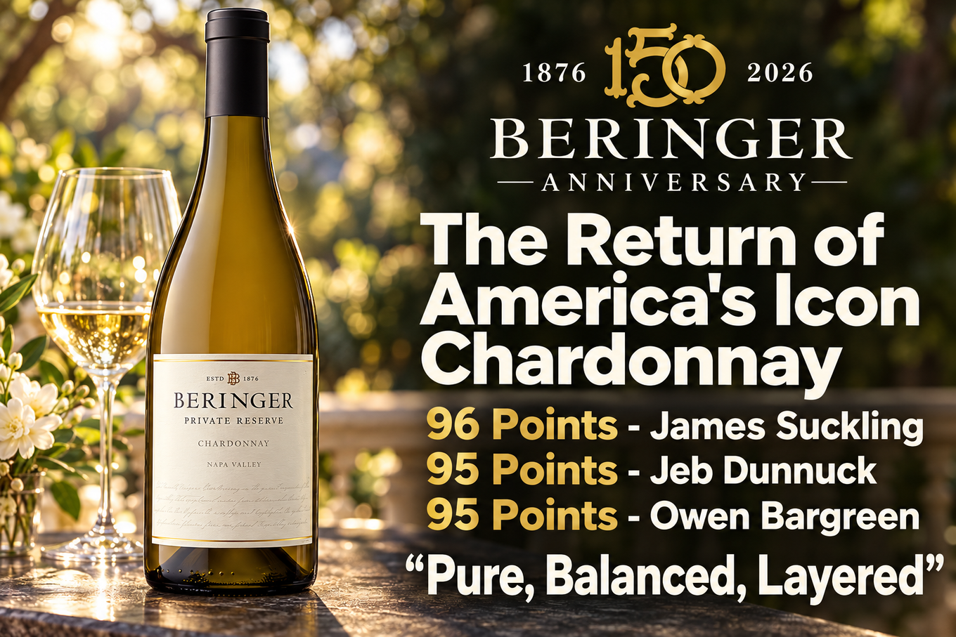 Beringer 150th anniversary, 1876 to 2026: the return of America's icon Chardonnay. Private Reserve Chardonnay 2023, 96 points James Suckling, 95 Jeb Dunnuck, 95 Owen Bargreen