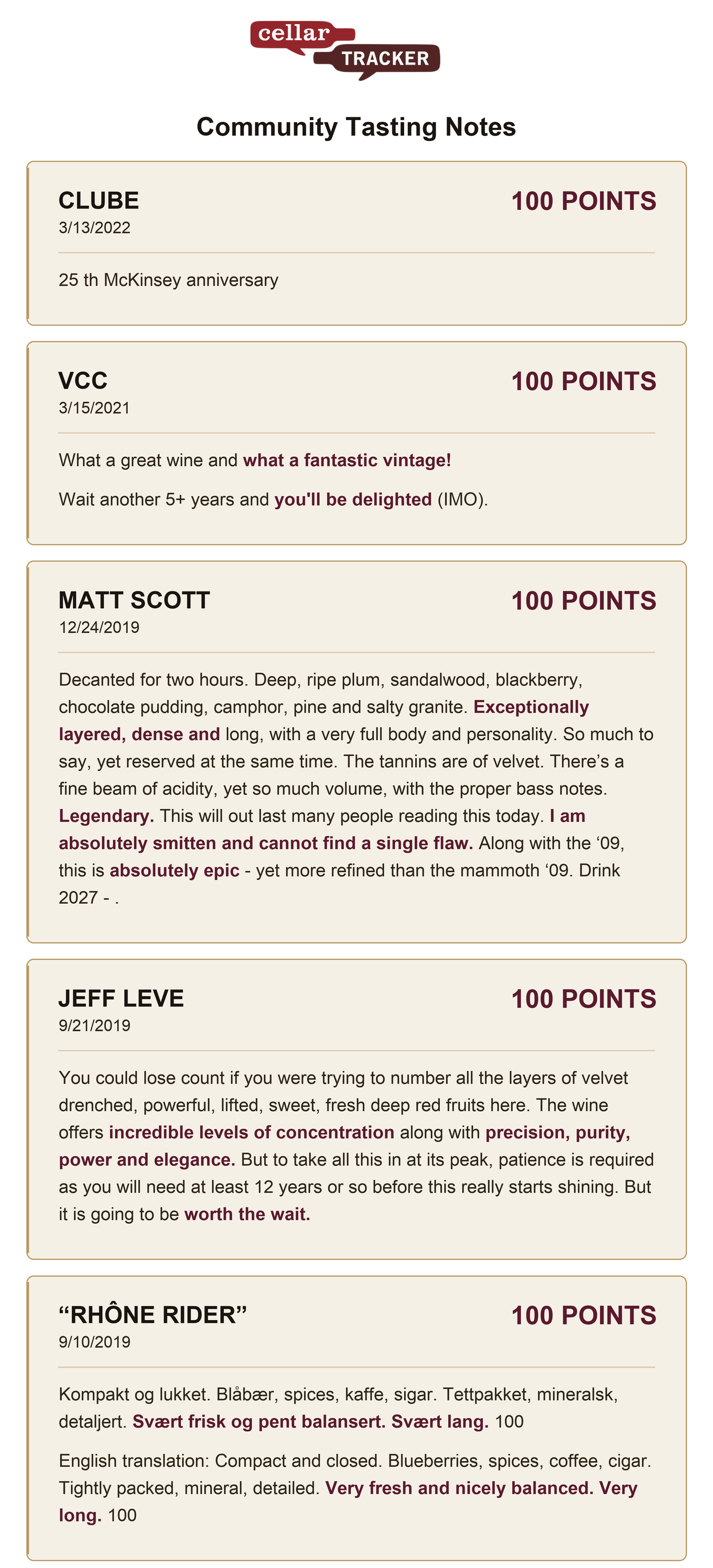 CellarTracker community tasting notes: five 100-point notes on Cos d'Estournel 2016