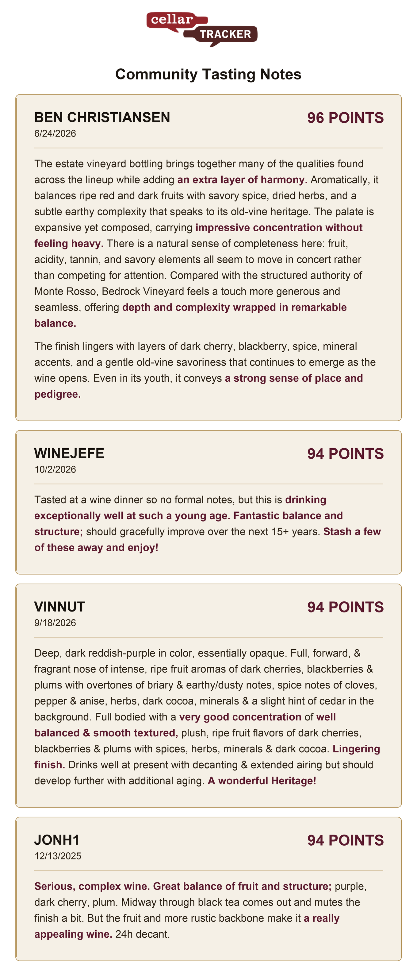 CellarTracker community tasting notes for the Bedrock Vineyard Heritage: 96, 94, 94 and 94 points