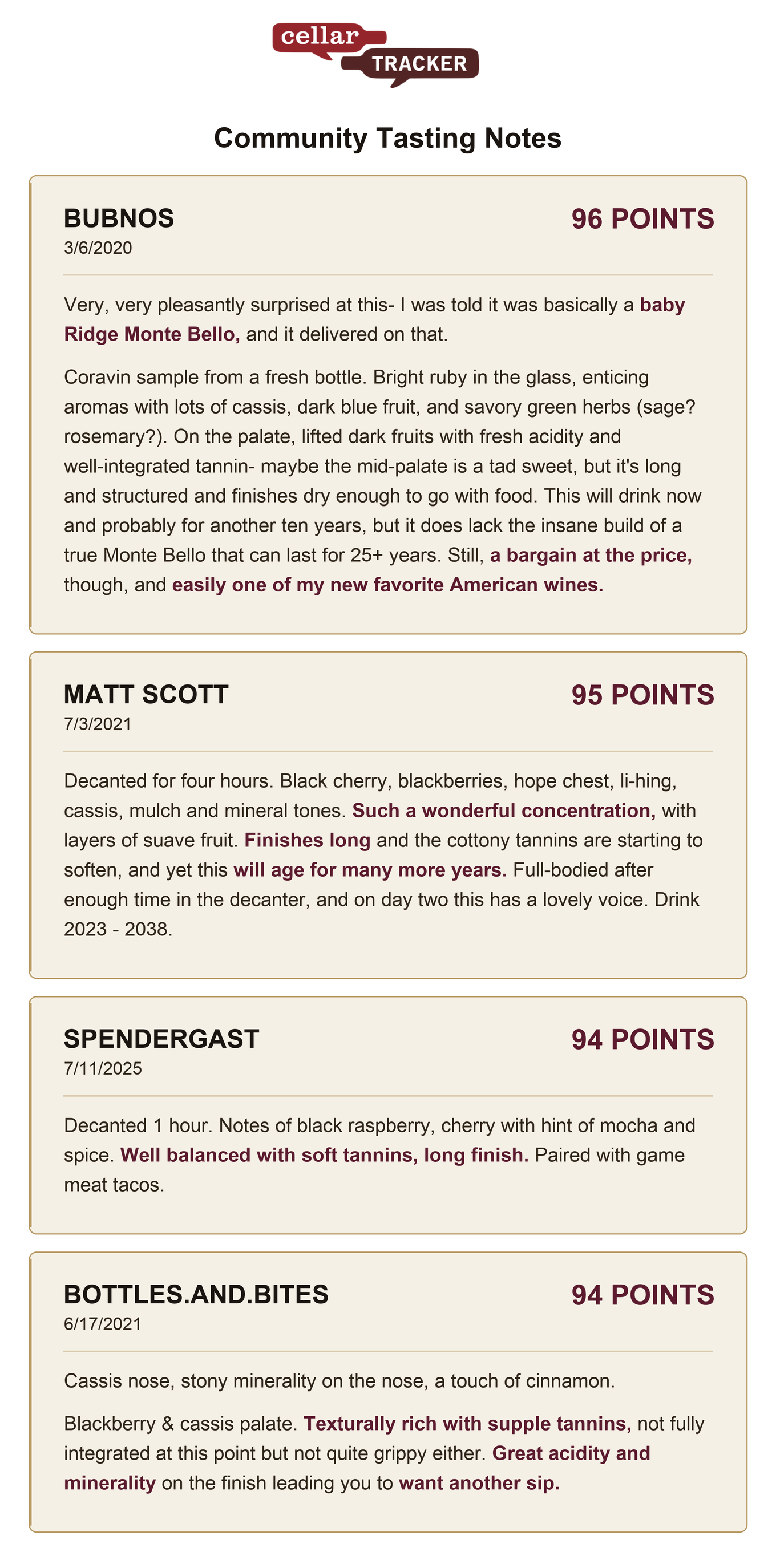 CellarTracker community tasting notes on Mount Eden Estate Cabernet Sauvignon 2015: 96, 95, 94 and 94 points