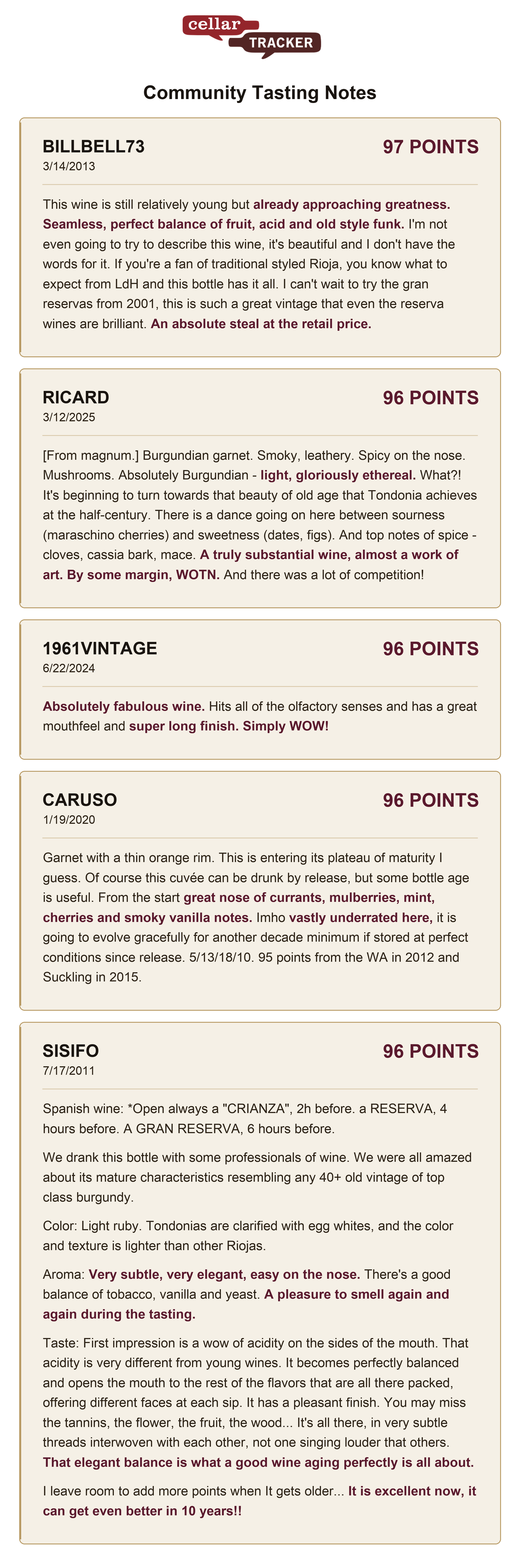 CellarTracker community tasting notes on the 2001: BillBell73 97, Ricard 96, 1961Vintage 96, Caruso 96, Sisifo 96