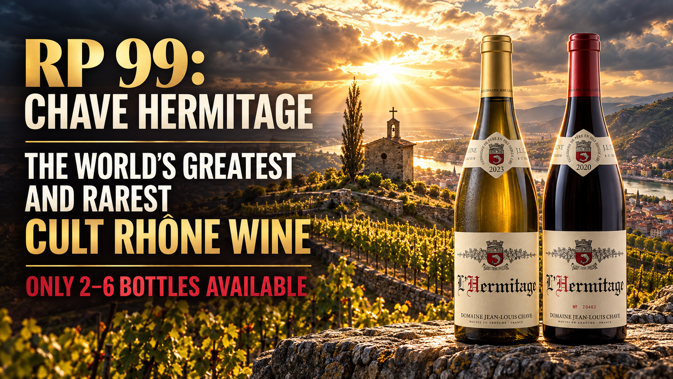 RP 99: Chave Hermitage, the world’s greatest and rarest cult Rhone wine. Only 2 to 6 bottles available