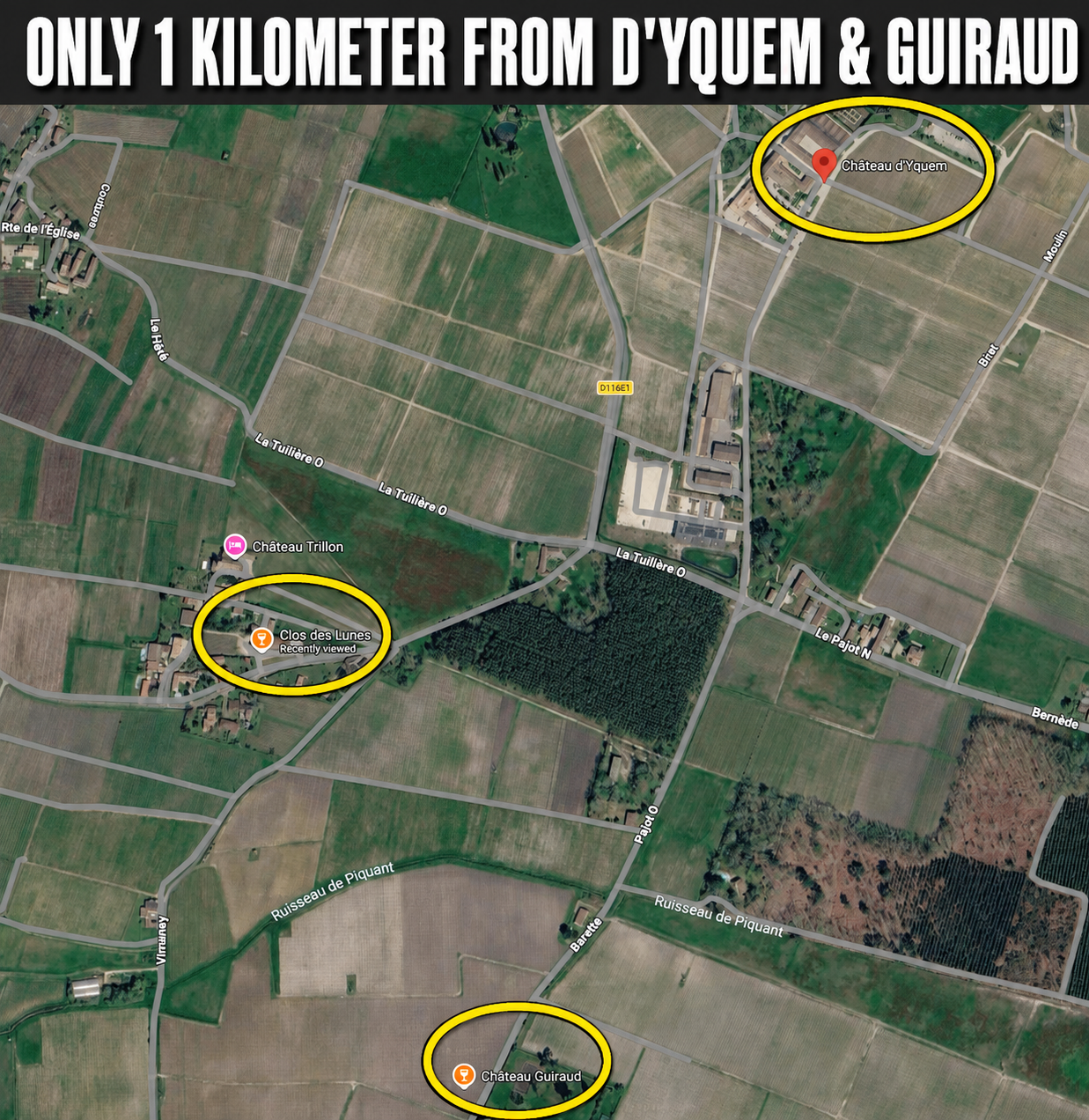Satellite map showing Clos des Lunes between Chateau d’Yquem and Chateau Guiraud in Sauternes