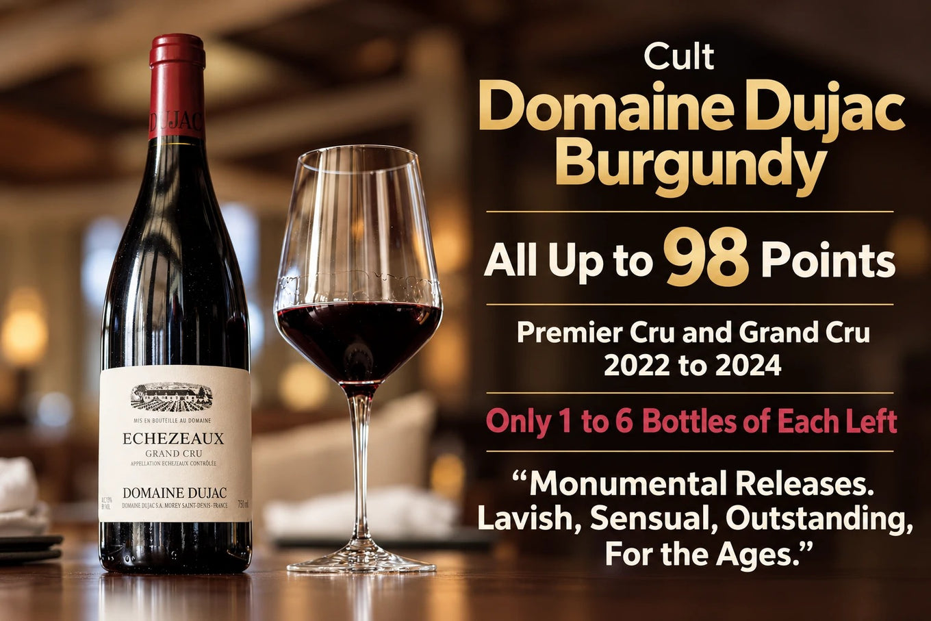 Cult Domaine Dujac Burgundy: all up to 98 points, premier cru and grand cru 2022 to 2024, only 1 to 6 bottles of each left