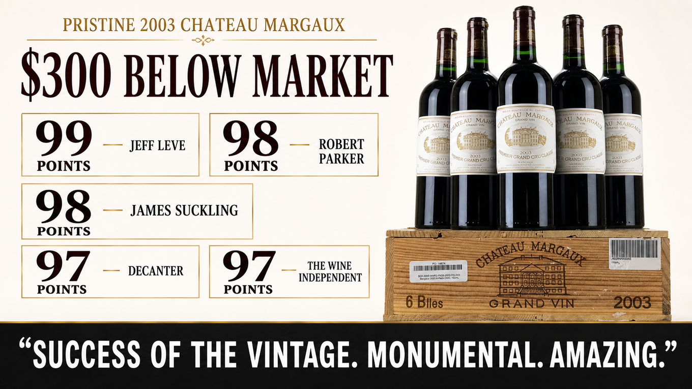 Chateau Margaux 2003: 36 pristine bottles, cellared in France, $699.99 versus a $1,000 average web price