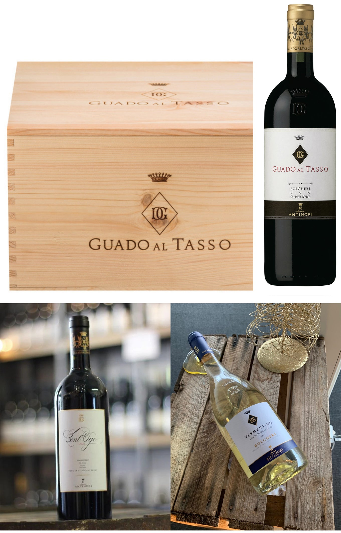Tenuta Guado al Tasso: the wooden case and the 2023 Bolgheri Superiore, the Cont’Ugo Merlot and the Vermentino