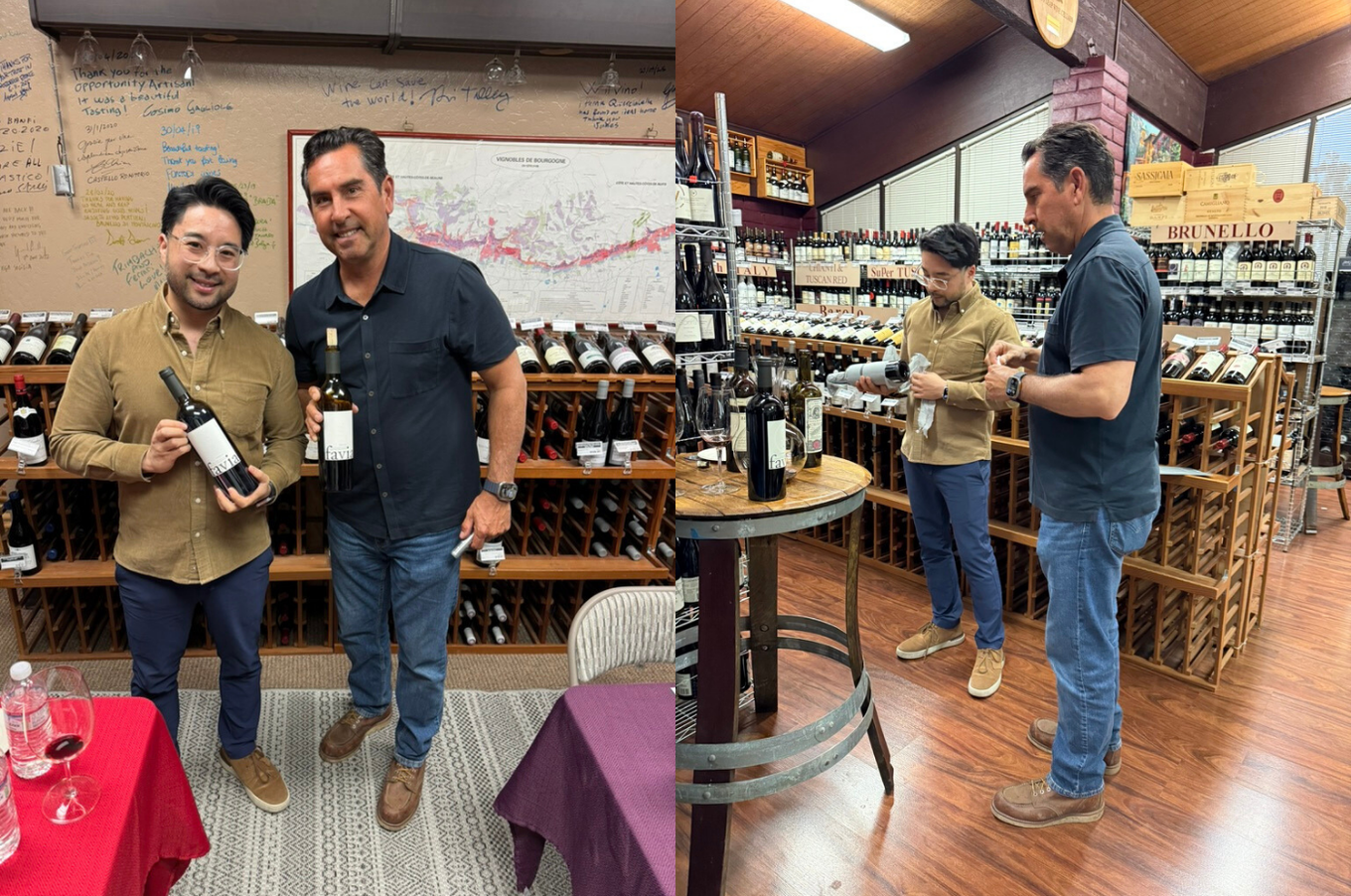 Andy Erickson of Favia at Artisan Wine & Spirits in Mountain View, holding bottles of Favia