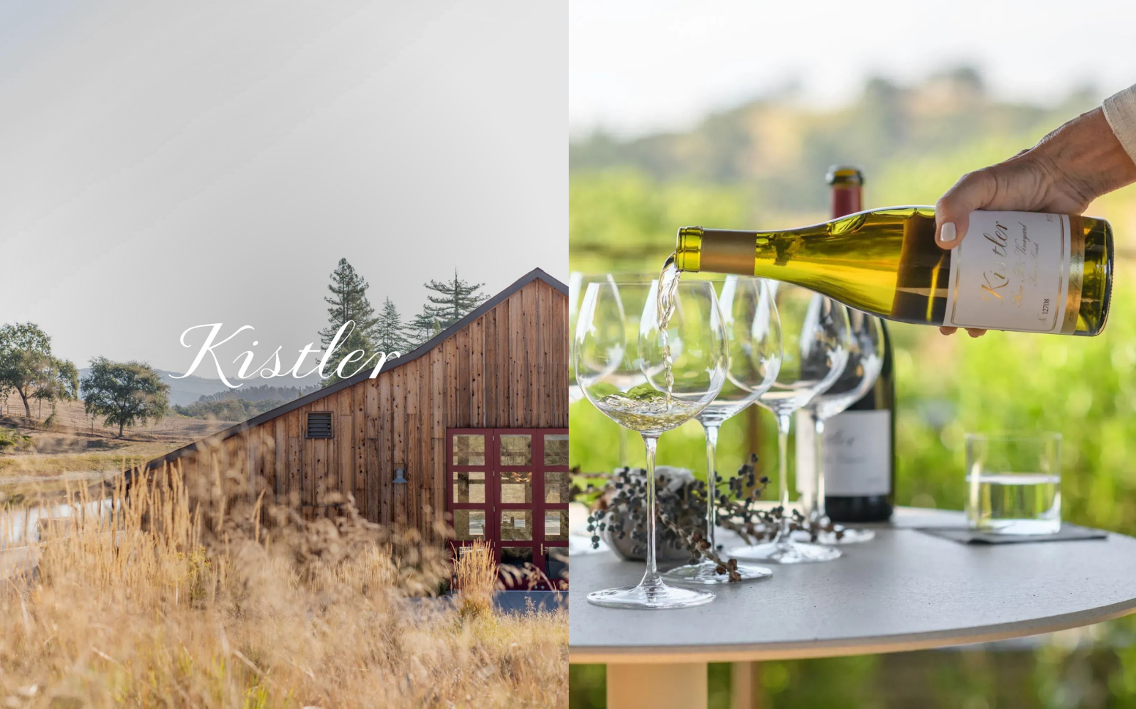 Kistler winery on Sonoma Mountain and a glass of Kistler Chardonnay being poured