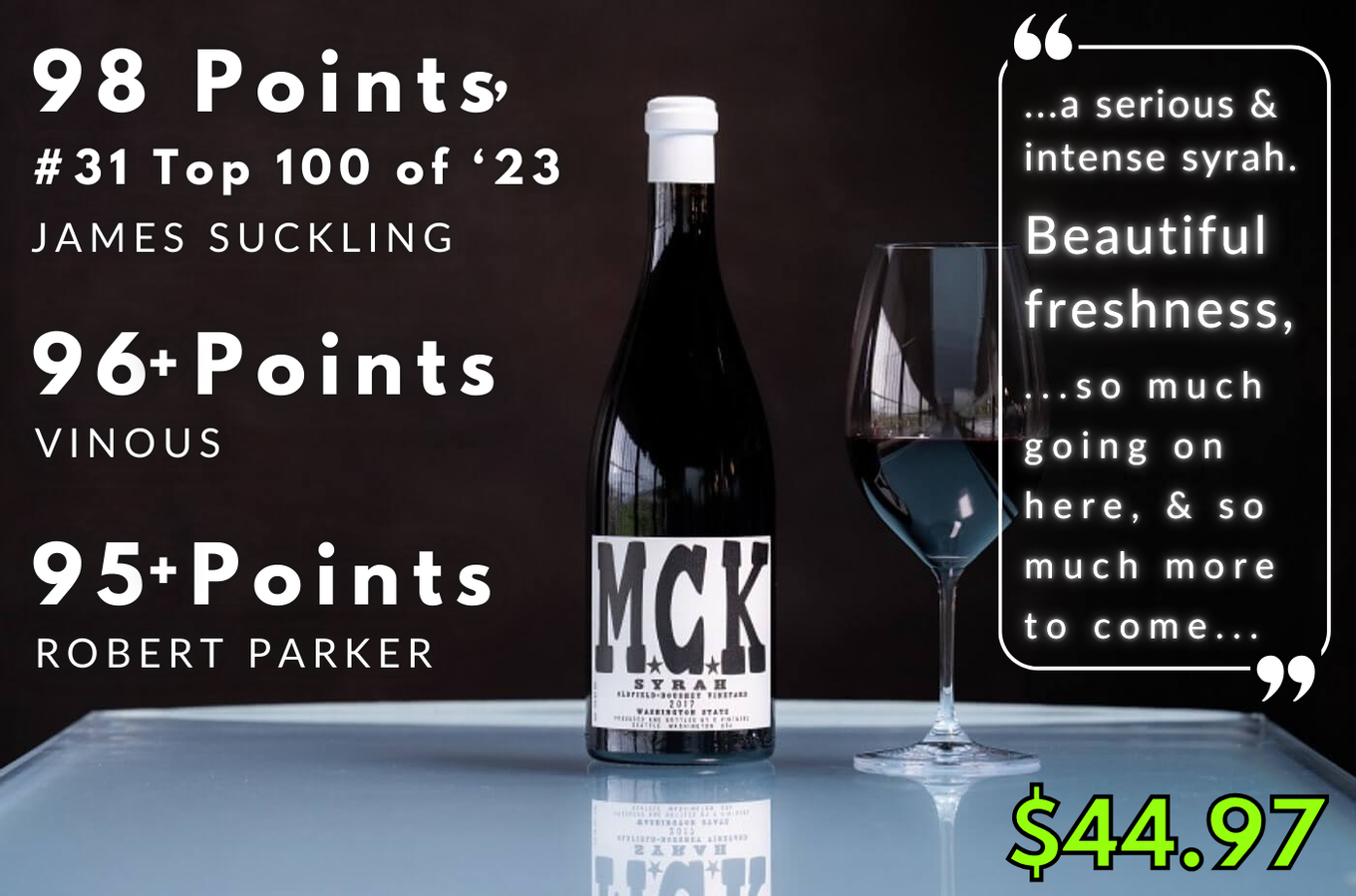 K Vintners M.C.K. Syrah 2020: 98 points James Suckling, #31 Top 100 of 2023; 96+ Vinous; 95+ Wine Advocate
