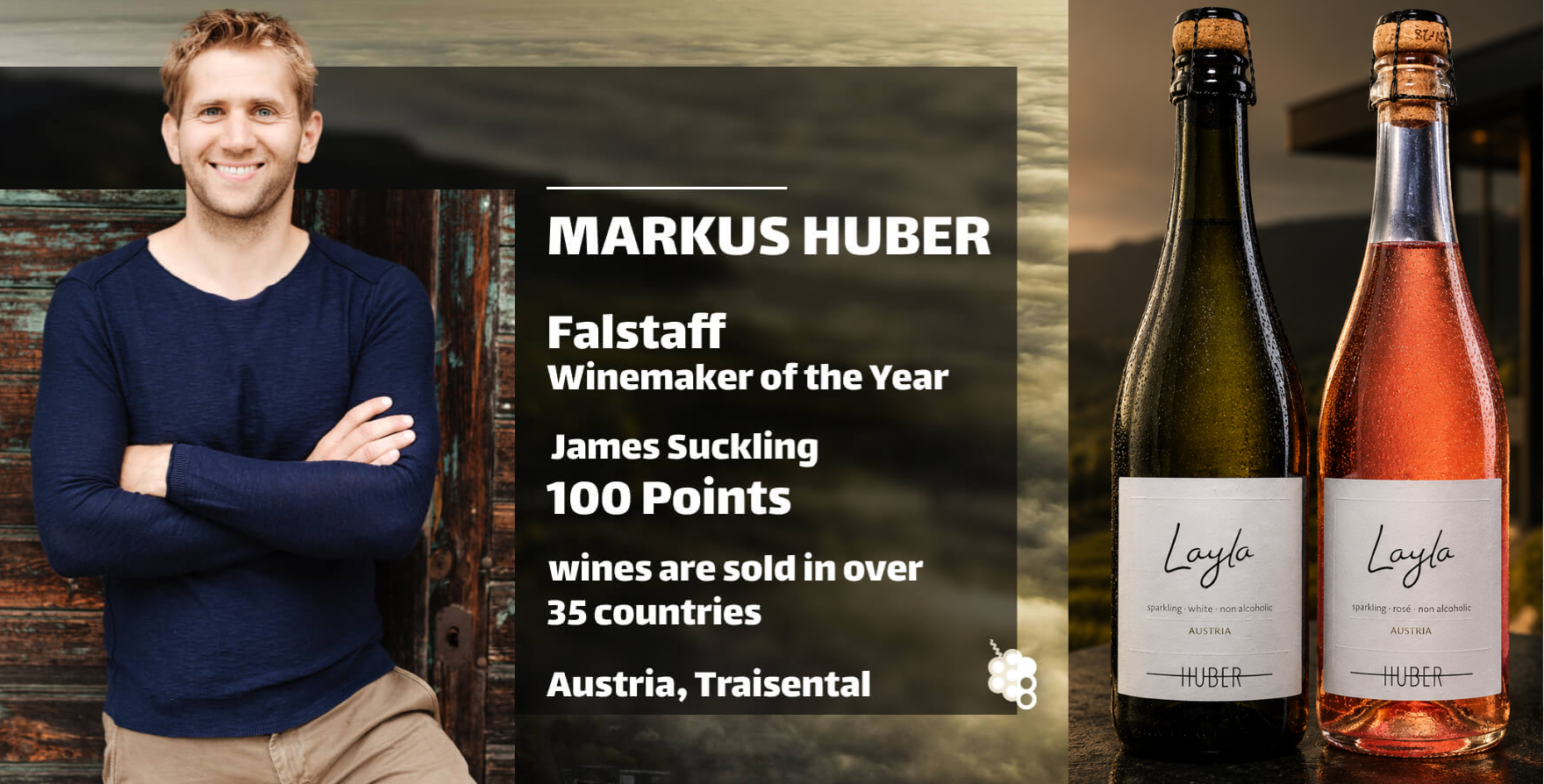 Markus Huber beside the Layla non-alcoholic sparkling white and rose bottles