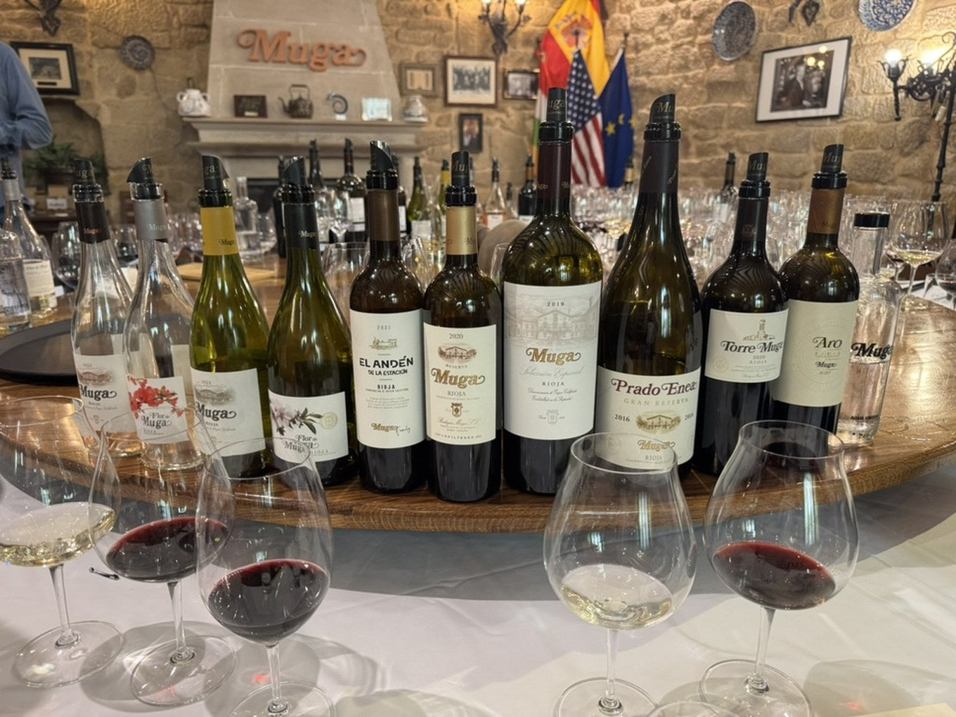 The Muga tasting line-up from James Tran's 2024 visit, with the 2016 Prado Enea poured from magnum