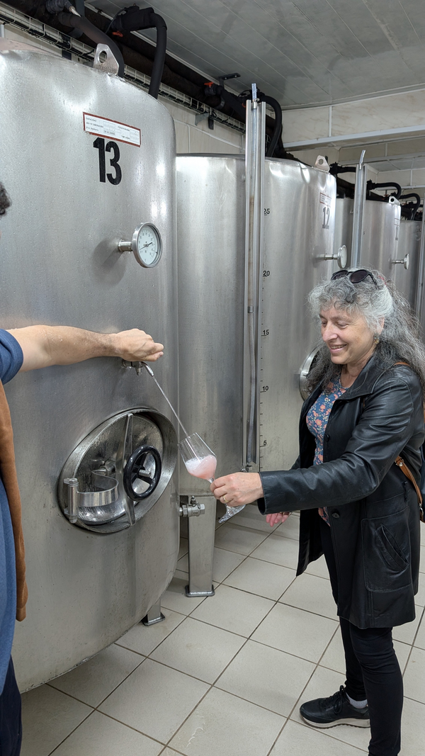 Barbara Rooks tasting Basa Lore rosado from the tank