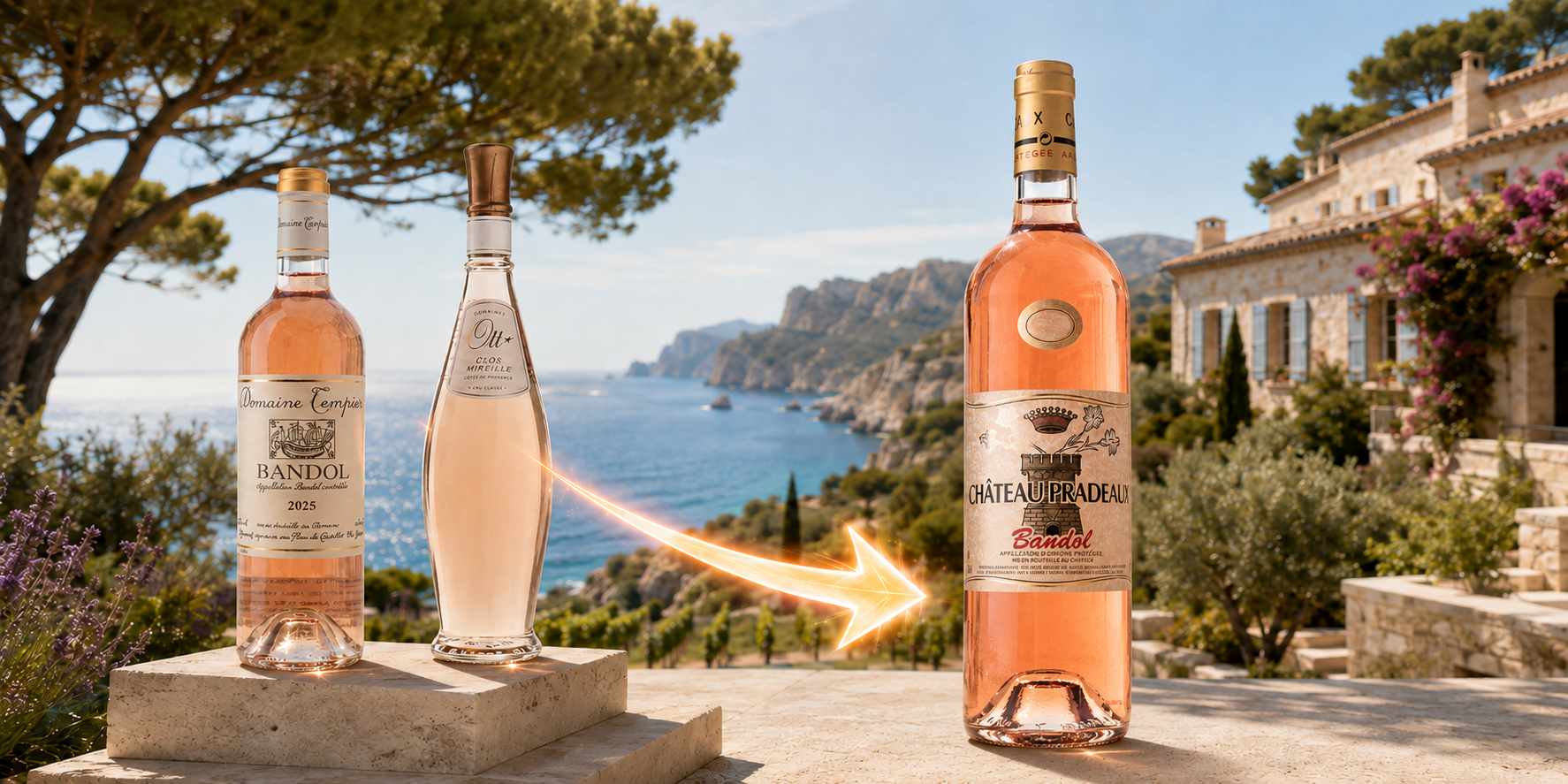 Domaine Tempier and Domaines Ott Bandol rose beside the Chateau Pradeaux Bandol Rose on the Mediterranean