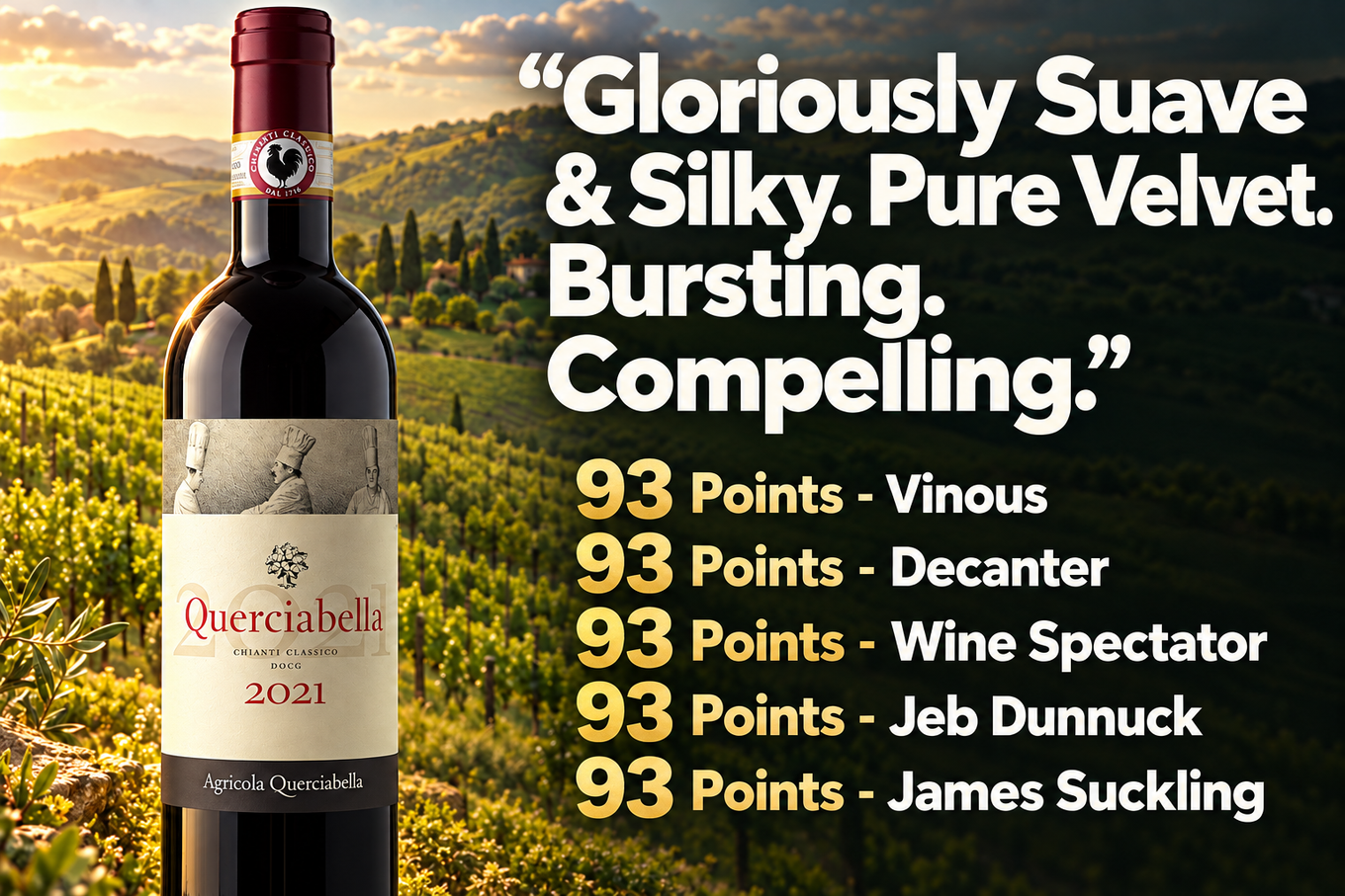 Querciabella Chianti Classico 2021: gloriously suave and silky, pure velvet, bursting, compelling. 93 points from Vinous, Decanter, Wine Spectator, Jeb Dunnuck and James Suckling
