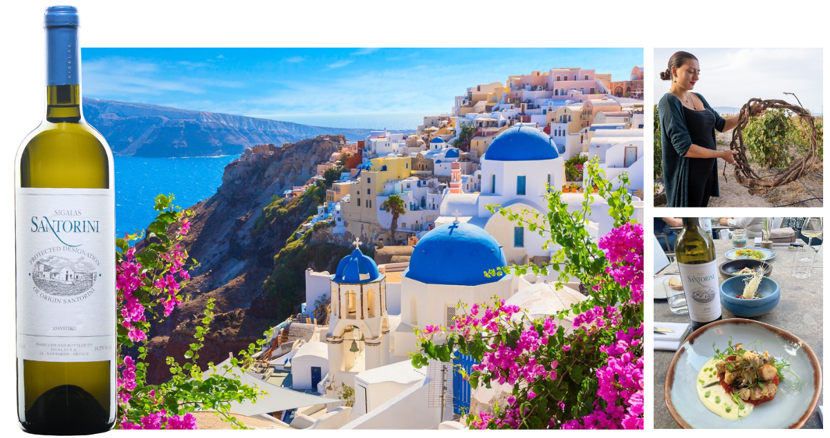 Domaine Sigalas Santorini Assyrtiko with the caldera at Oia, a basket-trained kouloura vine, and a seafood course