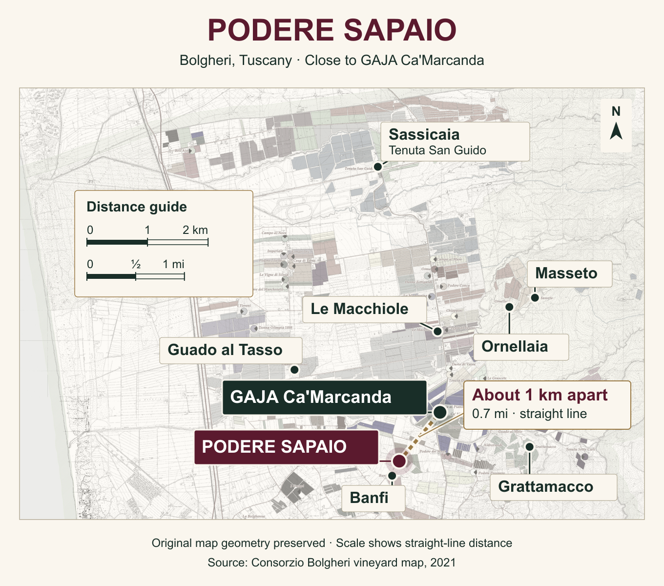 Map of Bolgheri showing Podere Sapaio near Gaja Ca'Marcanda, Guado al Tasso, Ornellaia, Masseto, Le Macchiole and Sassicaia