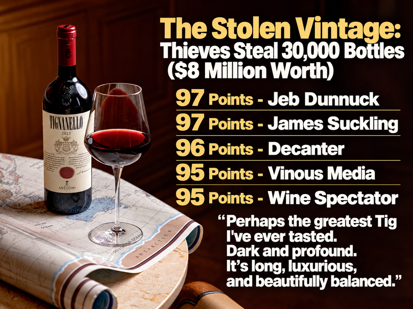 The Stolen Vintage: thieves steal 30,000 bottles, $8 million worth. Tignanello 2023: 97 points Jeb Dunnuck, 97 James Suckling, 96 Decanter, 95 Vinous, 95 Wine Spectator