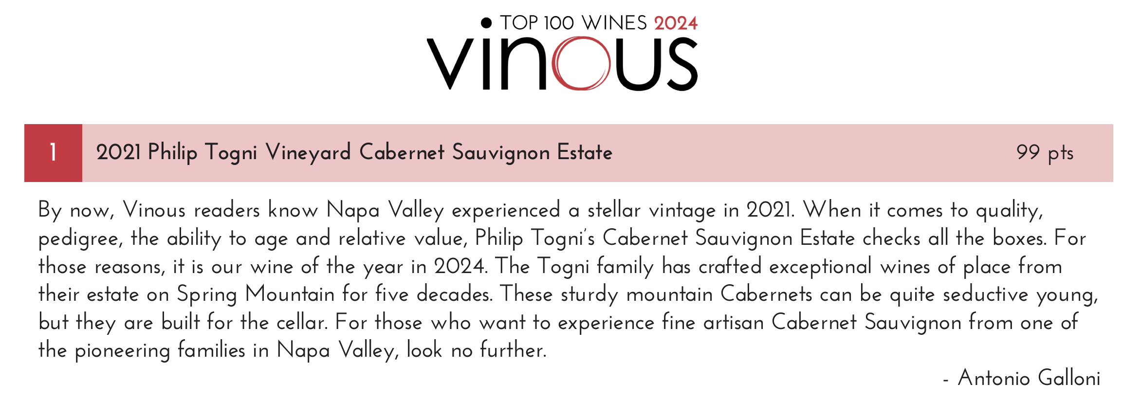 Vinous Top 100 Wines of 2024, number one: 2021 Philip Togni Vineyard Cabernet Sauvignon Estate, 99 points