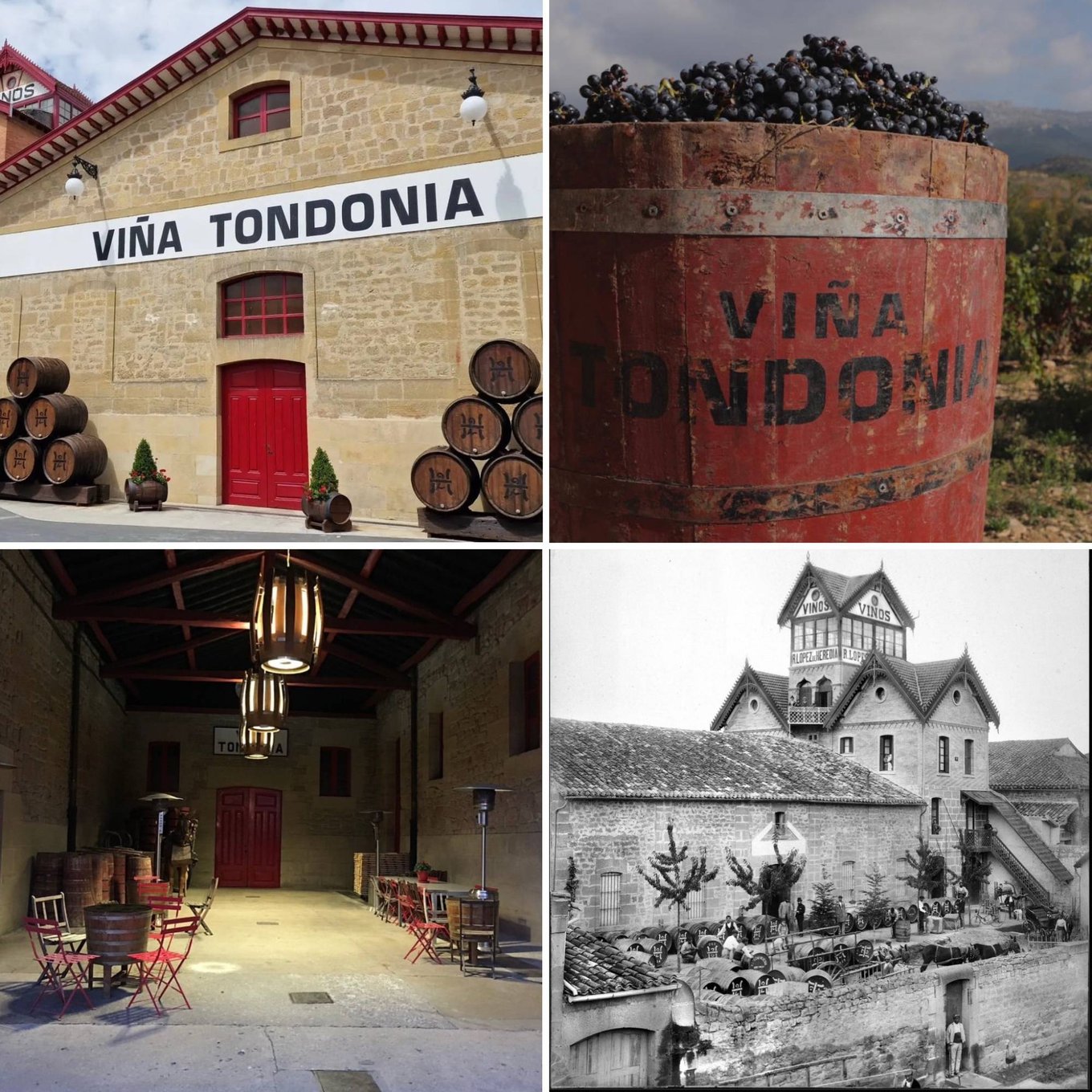 The Vina Tondonia bodega in Haro: the facade, a harvest bin of grapes, the courtyard and the bodega in its early years