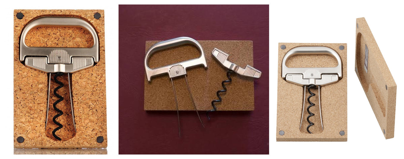 The Vintage Wine Opener, Durand design: D-handle, stabilizer bar, helix and two blades, stored in a cork stand