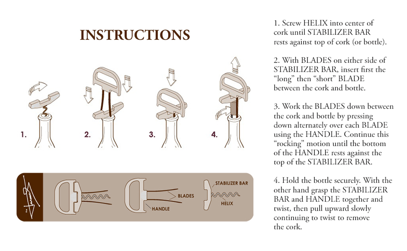 Four-step instructions: screw the helix, slide the blades, twist and lift the cork out whole
