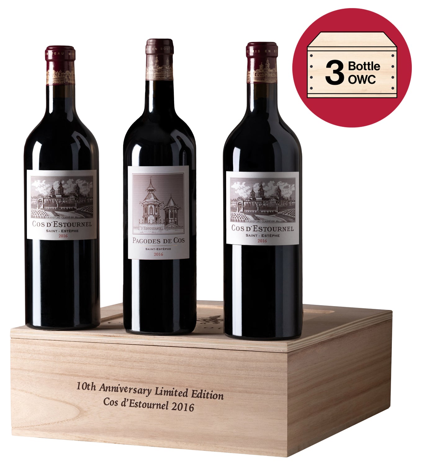 Two bottles of Cos d’Estournel 2016 and one Pagodes de Cos 2016 on the 10th Anniversary Limited Edition wooden case