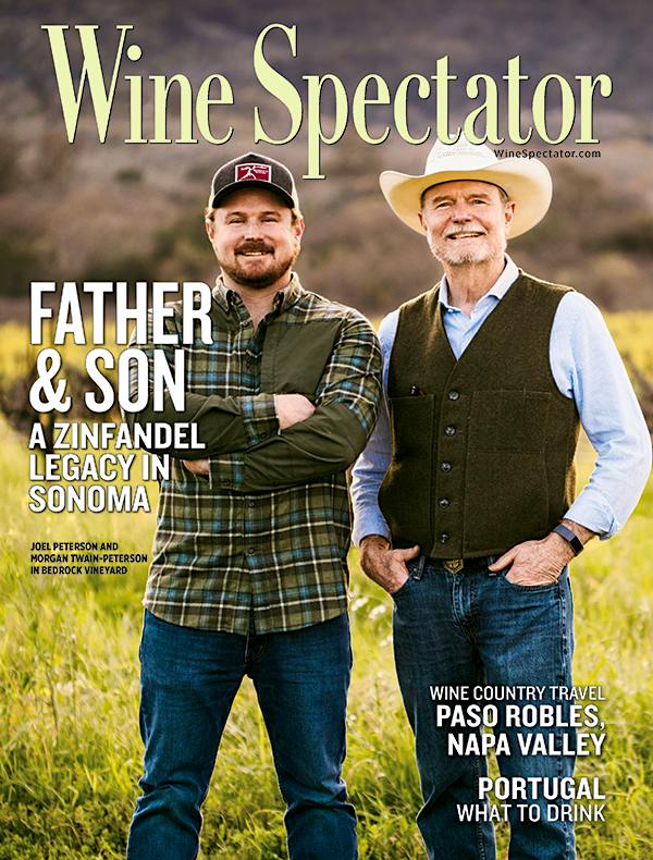 Wine Spectator cover, June 30, 2019: Father and Son, a Zinfandel legacy in Sonoma. Joel Peterson and Morgan Twain-Peterson in Bedrock Vineyard